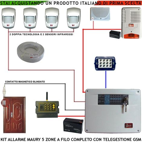 Kit Impianto Antifurto Maury Diana 5 Zone 2 Infrarossi 2 Doppia Tecnol Contatto Magn. Chiamata GSM Allarme, Telegestione Sirena Interna e Esterna Lampeggiante Tastiera 2 Codici Segreti Cavo 2+4 100 MT (1/4)