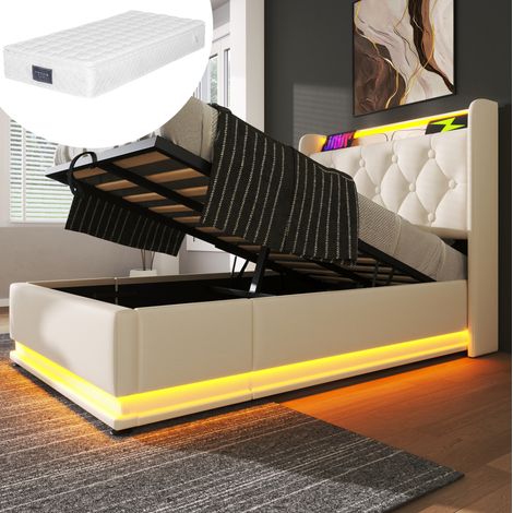 Cama tapizada con arcón 90x200 cm, PU blanco, cabecero capitoné con USB/Type-C, LED 360° y colchón (1/5)