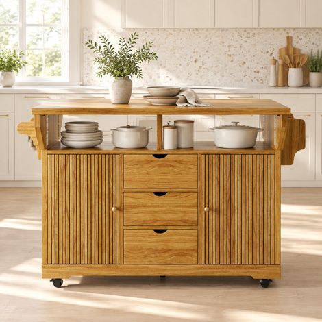 Carrello da cucina con prolunghe pieghevoli, altezza 95 cm, 3 cassetti, marrone scuro OKMYHOME (1/5)