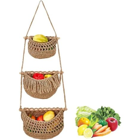Corbeille de fruits suspendue 3 étages, panier mural en osier brun. Organise et décore fruits, légumes. Idéal pour cuisine, salon, s (1/5)