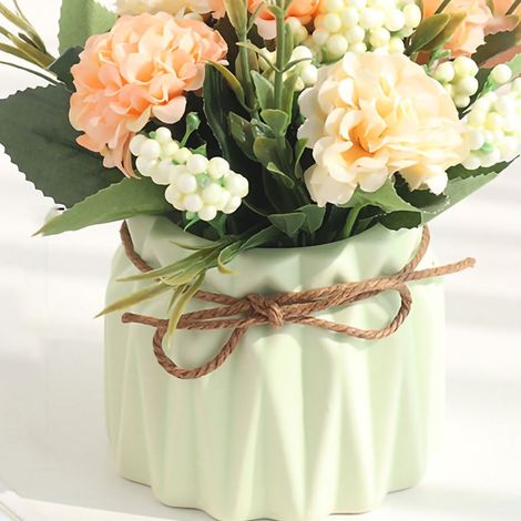Bouquet de fleurs artificielles en pot, hortensias avec vase, vert, pour décoration de table. (1/4)