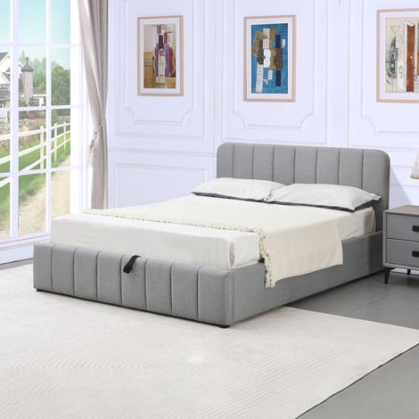 M&S – Lit coffre 140x190 en tissu gris – Tête de lit incluse – Sommier à lattes en bois de peuplier – Rangement pratique