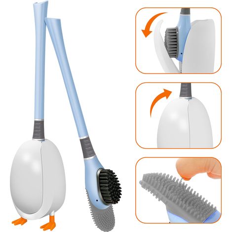 Lot Brosse WC Canard Dessin Animé en Silicone + Support, Kit Nettoyage Salle de Bain (1/5)