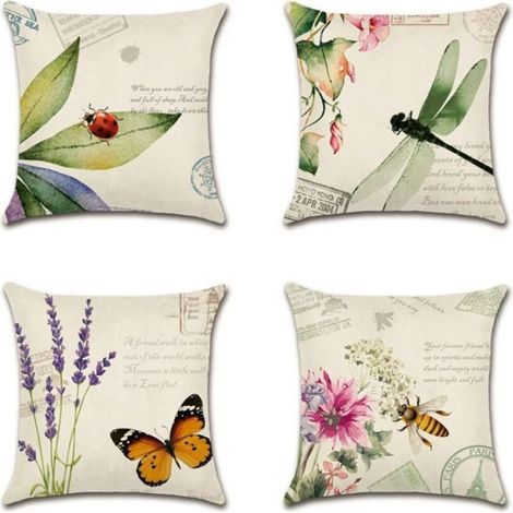 Housse De Coussin - Imperméable - Polyester PU - 45x45 Cm - Motif Insectes Et Plantes - Lot De 4 (1/4)