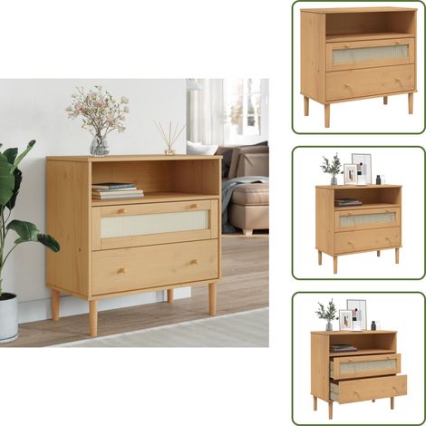 The Living Store Sideboard SENJA Rattan-Optik Braun 80x40x80 cm Kiefernholz - Holz Sideboard - Wohnzimmermöbel - Kiefernholz Sideboard - Sideboard Braun - Regal Mit Türen