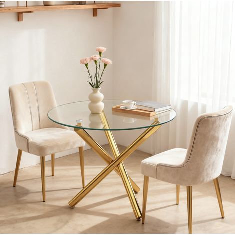 Table de comedor redonda de vidrio templado y metal dorado 80x80x76 cm para 2-4 personas (1/5)