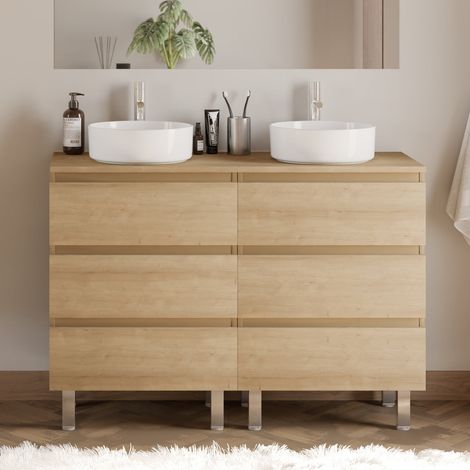 Meuble de salle de bain 120cm avec plateau et 2 vasques à poser rondes - 6 tiroirs - sans miroir - nebraska (chêne clair) - MAYOR