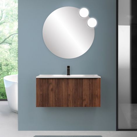 Mobile bagno sospeso 90 cm noce maya cannettato con cassetto e lavabo Nara (1/5)
