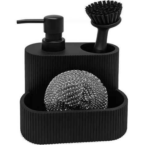 Distributeur de savon 1 pièce Résine effet marbre noir Avec porte-éponge intégré Pour l'organisation de l'évier de cuisine (1/5)