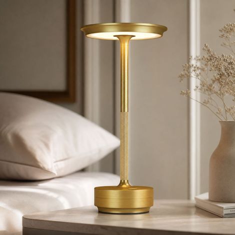 Lampe de table tactile rechargeable LED 3 couleurs, aluminium doré, batterie 2000mAh, Type-C, hauteur 28cm pour ambiance (1/4)
