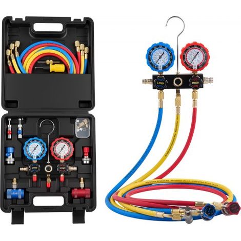 AC Klimaanlagen-Manometer-Set für R134a R404A R1234y R22 Kältemittel, 3-Wege-Manometer mit 1,5-m-Schläuchen & Adaptern & Schnellkupplungen & Dosenanschlüssen Geeignet für Kfz-Klimaanlagen (1/5)