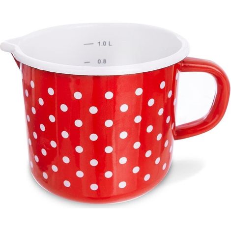 Taza esmaltada con vaso medidor, roja con lunares, Tecka, 1,2 l (1/2)