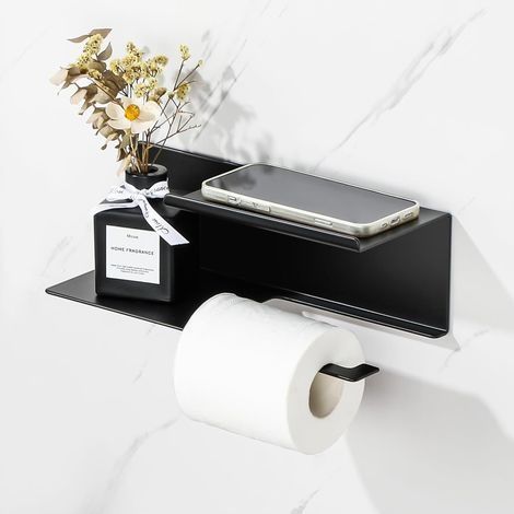 Porte Papier Toilette Mural avec Tablette sans Perçage, Derouleur Support Papier Toilette avec Étagères Spacieuses en Haute Qualité Aluminium, Auto-adhésif, Noir Mat (1/5)