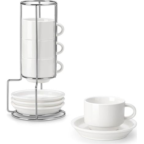 Série REGULAR, Lot de 4 Tasses à Café pour 4 Personnes, 90 ml, Service à Café Empilable avec Soucoupe et Support en Métal, Expresso, Cappuccino, Latte, Moka et Thé, Blanc (1/5)