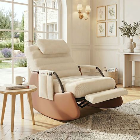 Skandinavischer Schaukel- und Stillsessel aus Cord Beige - Relaxsessel mit Fußstütze und Kopfstütze - Verstellbare Rückenlehne - 91,5x67x92 cm