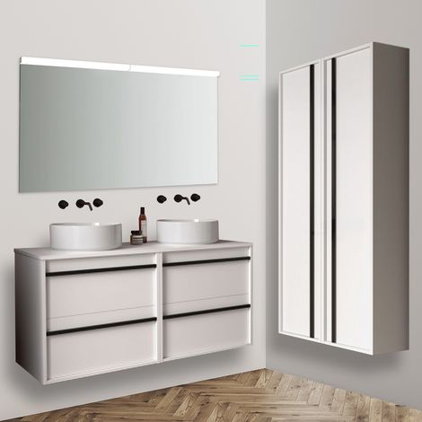 120 cm hängender Badezimmerschrank aus satinweißem Holz mit Waschbecken – Astoria - 120 cm Mit Spiegel Lampe - Accessorio: Standard - Misura: 120 cm (1/5)