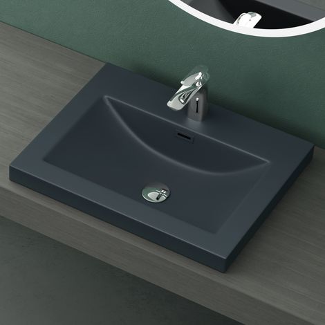 Mai & Mai Lavabo à Encastrer Gris Noir Mat 60cm Vasque Lave Mains Rectangulaire en Résine Lavabo avec Trop-Plein Col01 60x48x13cm (1/5)
