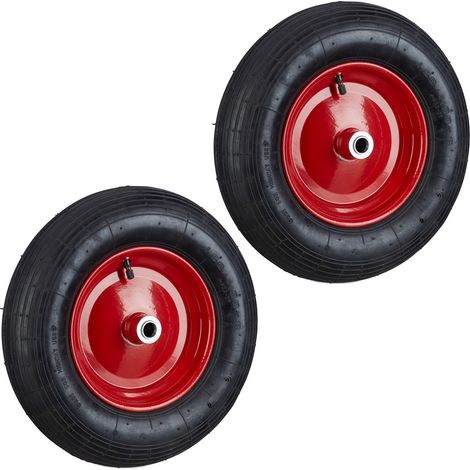 Relaxdays Set of 2 Wheelbarrow Tyre 4.80 4.00-8, Pneumatic, 120 kg Capacity, Spare Wheel with Valve, Garden, Black/Red