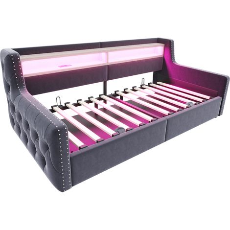 Polster-Schlafsofa 90 x 200 cm dunkelgrau mit Stauraum, LED und Steckdosen (1/5)