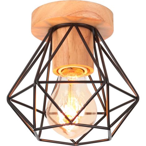 Plafonnier Industriel Bois et Métal 15CM Noir, Lampe de Plafond Vintage Cage forme Diamant E27 Luminaire pour Salon Chambre Café Bar
