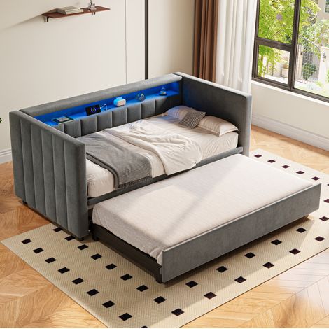 Letto divano estraibile moderno 90x190 cm, velluto grigio scuro, con testiera imbottita, LED e USB-C (1/5)