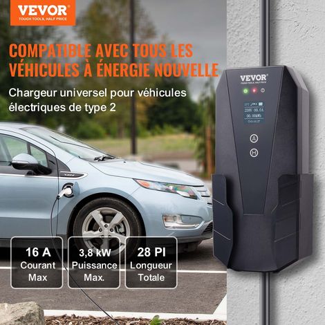 Chargeur EV Portable Type 2 Chargeur Voiture Électrique 16 A 3,7 kW avec Câble de Charge 8,6 m Prise CEE 7/7 Écran LCD Home EV IEC62196 Étanche IP66 avec Sac de Rangement Crochet Câble de Charge (1/5)