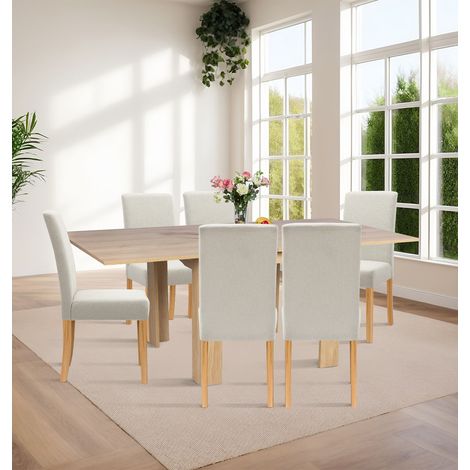 Hallowood Furniture Newquay Oak Flip Top Dining Table and Chairs Set 6, Folding or Extending Kitchen Table and Chairs in Straight Back and Upholstered Beige Fabric for Home and Café (1/5)