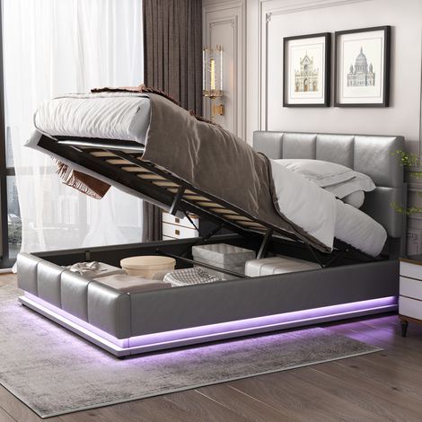 Polsterbett 140x200 cm, Doppelbett mit LED-beleuchtetem Kopfteil, Stauraum, Lattenrost, Kunstlederstoff, Polsterbett, Jugendbett, Grau (1/5)