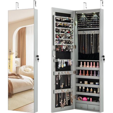 GOPLUS Armoire à Bijoux avec Miroir, Armoire a Bijoux Murale avec Éclairage LED, 2 Tiroirs, Fixer au Mur ou à Suspendre sur Porte, pour Ranger Boucles d'Oreilles et Colliers (Gris) (1/5)