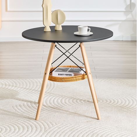 Mesa de comedor redonda 80 cm negra en MDF y madera maciza con cesta colgante (1/5)