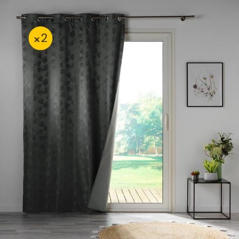 Lot de 2 Rideaux a oeillets 140 x 260 cm 100% occultant/jacquard Lunella Anthracite (1/3)
