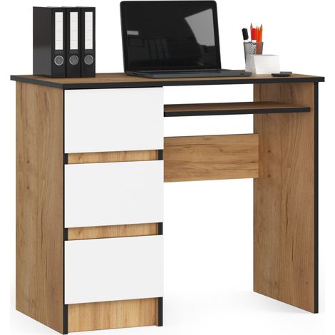 Scrivania per computer AKORD A6 Quercia Craft 90 cm 3 cassetti inserto frontale Bianco 90x50x77 cm Modello a sinistra