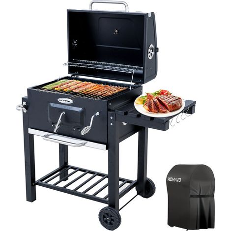 HOMAVO Holzkohlegrill mit Deckel, Grillfläche : 56×42.5 cm, Höhenverstellbare Kohlenwanne, Faltbarer Seitentisch, Thermometer, Mit Grillabdeckungen (1/5)