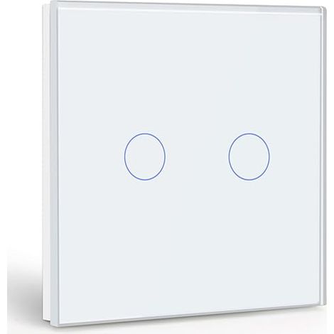 Interrupteur Tactile 2 Gang 1 Voie,Blanc Commutateur de Lumière avec LED Affichage Light,Interrupteur Tactile avec Capteur Tactile Panneau Verre Cristal-Pas de fil Neutre