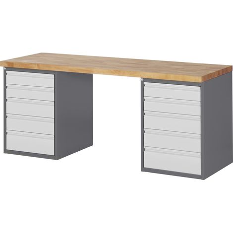 STIER Werkbank Premium, 10 Schubladen, 200x70x84cm, aus pulverbeschichtetem Stahl und Buchenholz, ideal für Montagearbeiten, robust und vielseitig in Werkstätten und Heimwerkerbereichen