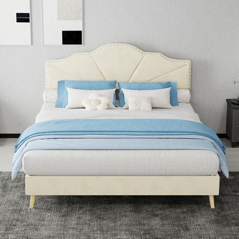 Lit moderne minimaliste et moelleux, tête de lit confortable et douce, 140200CM, beige, meuble de chambre multifonctionnel, cadre de lit bas sans barre de levage, matelas non inclus.