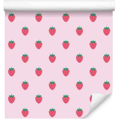 Carta da parati Fragole e Margherite Rosa Cipria e Rosso 50x1000 cm (1/4)