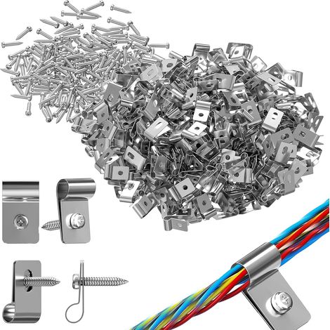 100 Pièces R-Clip Fixation Grillage Rigide, Alliage d'Aluminium Pinces de Fixation pour Clôture, Cavalier Cable Electrique avec 100 Vis, pour la Fixer de Câbles Tuyaux et Fils(Argent) (1/5)