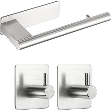 Porte Papier Toilette avec 2 Crochets sans Perçage, 304 Acier Inoxydable Porte-Papier Hygiénique Auto-adhésif, Porte Rouleau Papier Toilette Mural pour Cuisine et Salle de Bain, Argent (1/5)