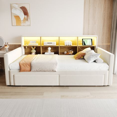 Canapé-lit convertible 90x190 cm, extensible 180 cm, tête de lit avec rangements, éclairage LED, ports USB, 2 tiroirs, sommier à lattes, velours beige, gris clair. (1/5)