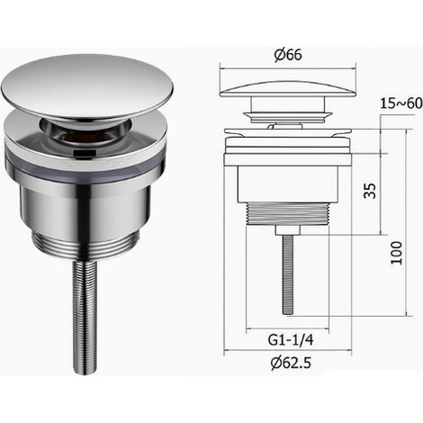 Bonde de Lavabo Pop-up Salle Bain Chromé Vidage Clapet Push Open Pour G 1 ¼ avec et sans Trop-plein L