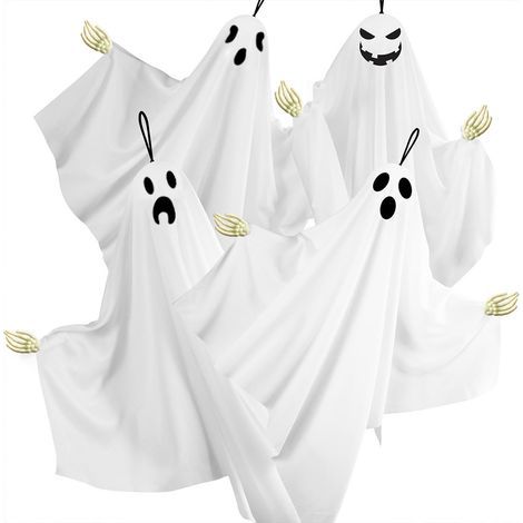 Lot de 2 décorations fantômes suspendues pour Halloween, avec mains, fantômes mignons et effrayants aux visages maléfiques, décoration pour une fête sur le thème d'une maison hantée, 68 x 64 cm (1/5)