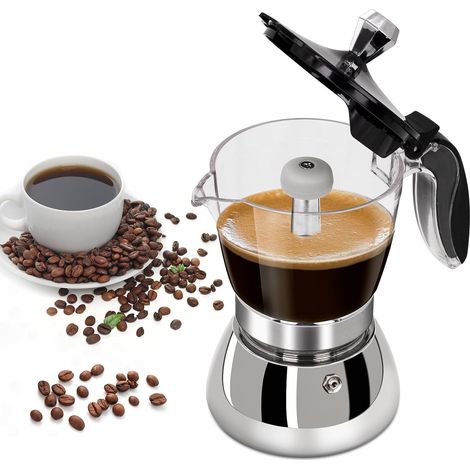 6 Tasse en Plastique Transparent Moka Cuisinière en Acier Inoxydable non Enrobée Espresso Cafetières Italiennes Mocha Greca Machine Café Cuisinières à Induction Classiques Home 300ml (1/5)