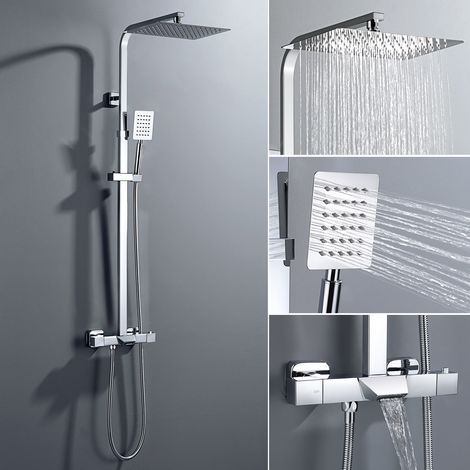 Auralum Duschsystem 3 Funktionen Dusche Duscharmatur fürs Badezimmer/Badwannen Regendusche mit Thermostat Wasserhahn, Handbrause, verstellbarer Duschstange
