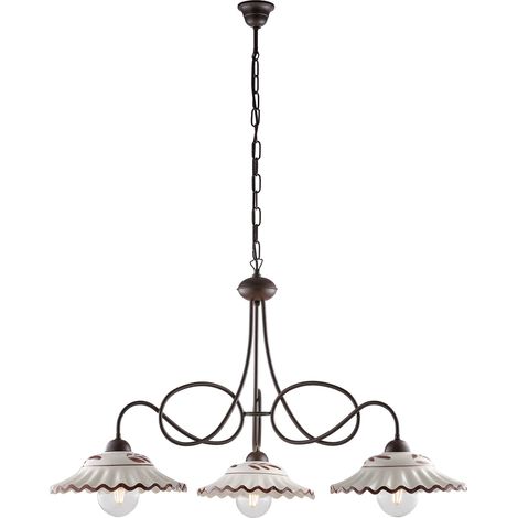 Lampadario in ferro laccato nero e decorazione effetto ruggine con diffusori in ceramica diametro 30 decorato a mano bianco e marrone 3 luci (1/3)