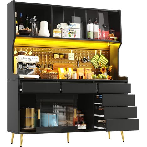 Moderner Hochschrank mit LED Beleuchtung & App-Steuerung, Küchenschrank oder Esszimmerschrank mit Schublade,Sideboard mit Aufbewahrungsregal mit Lochwand, 145x39x171cm, schwarz