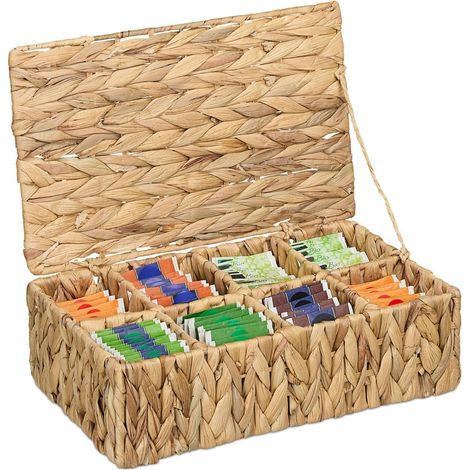 Caja de té tejida con 8 compartimentos, jacinto de agua (1/3)