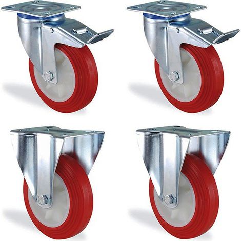 Lot de 4 roulettes pivotantes à frein et fixes – Polyuréthane rouge – Diamètre 100mm – Charge 450kg – Pour charges lourdes – HTR