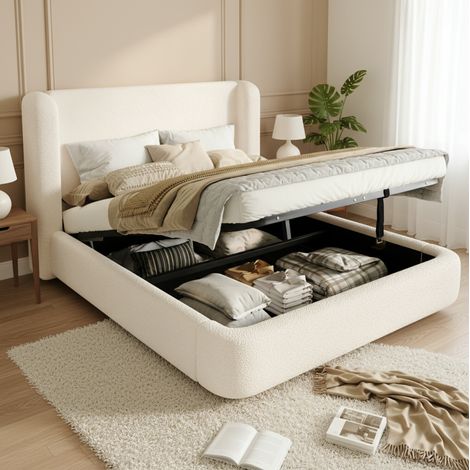 Cama doble 140x200 cm de tela de pelo beige con canapé, sin colchón – MEUBLIV (1/5)