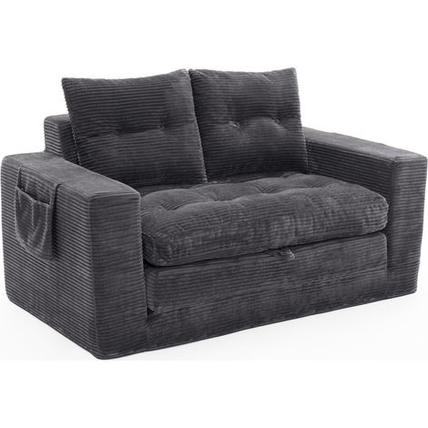2-Sitzer-Schlafsofa aus Cord-Samt in Dunkelgrau mit breiten Armlehnen und Seitentaschen (1/5)
